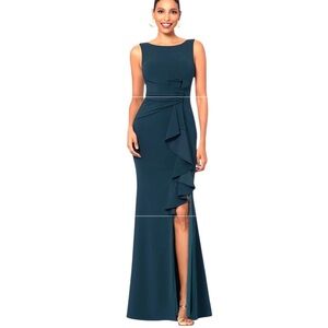 NEW BETSY & ADAM Christine Scuba Crepe Ruffled‎ Bow Gown Pine Sleeveless Size 8